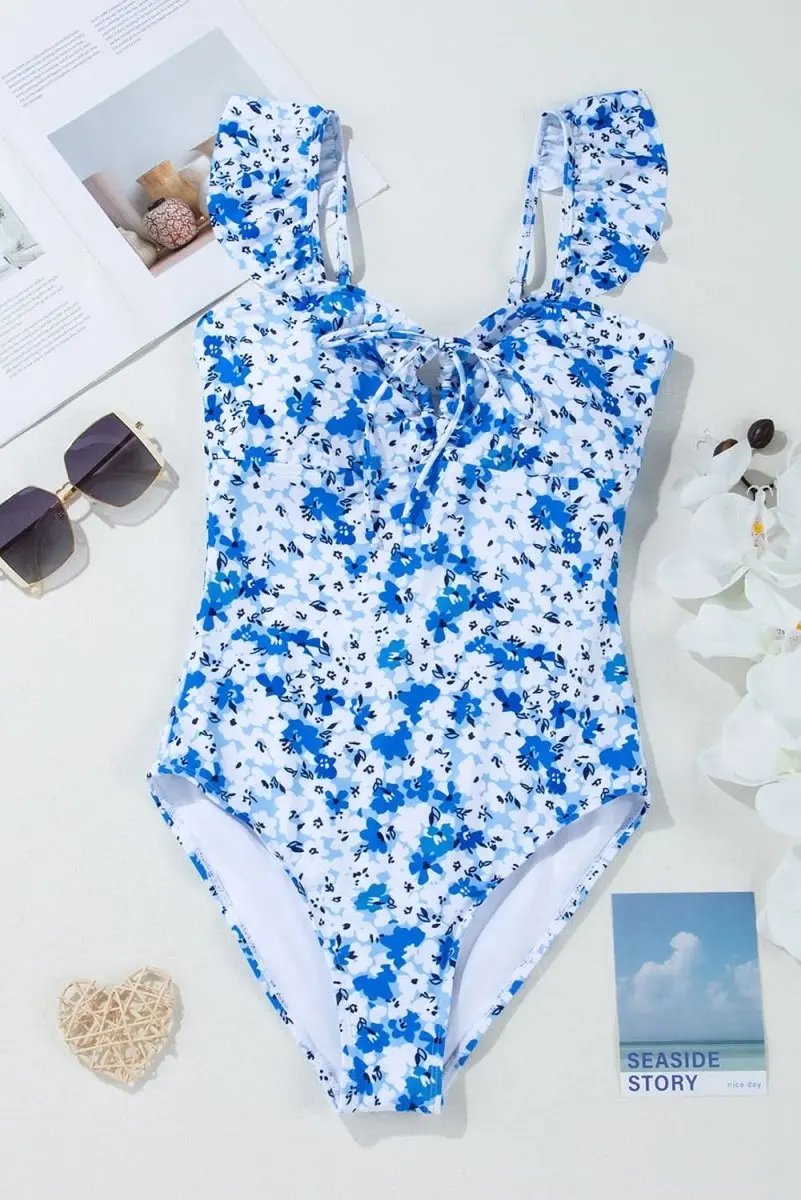 Blue Bohemian Floral Ruffled Lace-Up One-Piece Swimsuit - Love Salve